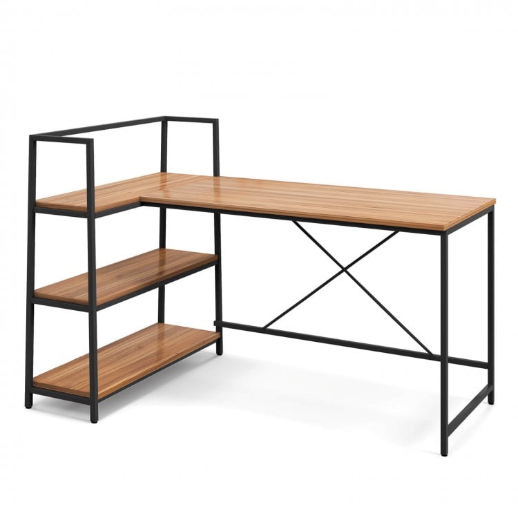 Reversible L-shaped computer workstation in walnut with 3-tier open shelf, ideal for home office or living room use.